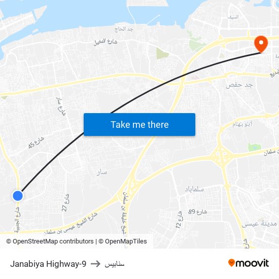 Janabiya Highway-9 to سنابيس map