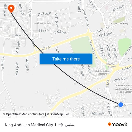 King Abdullah Medical City-1 to سنابيس map