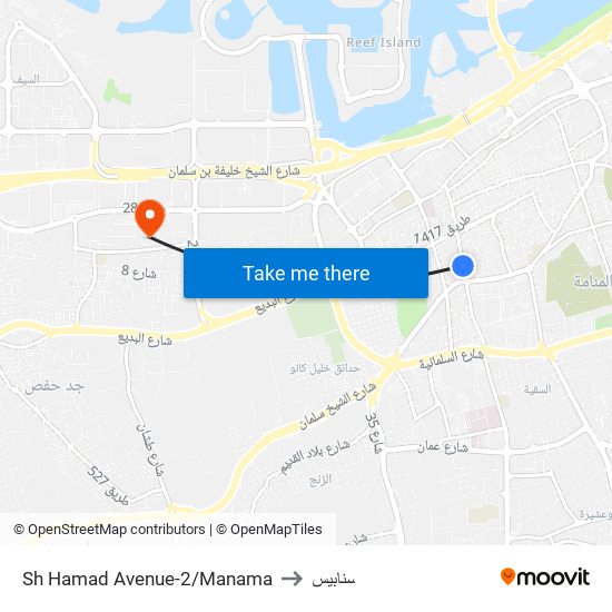 Sh Hamad Avenue-2/Manama to سنابيس map