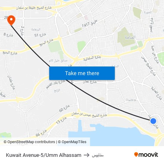 Kuwait Avenue-5/Umm Alhassam to سنابيس map