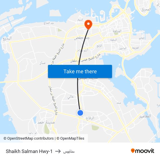 Shaikh Salman Hwy-1 to سنابيس map