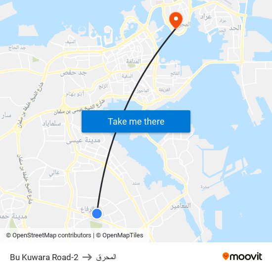 Bu Kuwara Road-2 to المحرق map