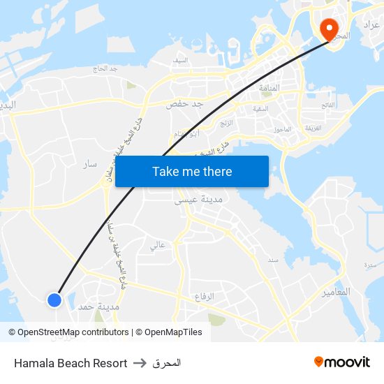 Hamala Beach Resort to المحرق map