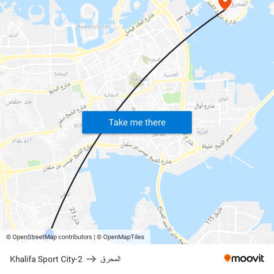 Khalifa Sport City-2 to المحرق map