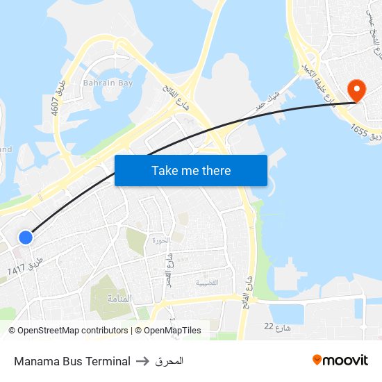 Manama Bus Terminal to المحرق map