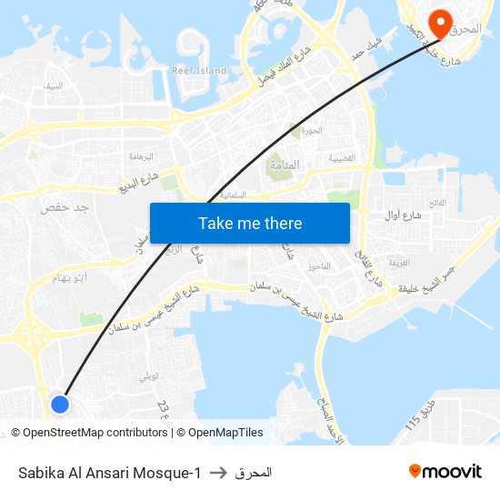 Sabika Al Ansari Mosque-1 to المحرق map
