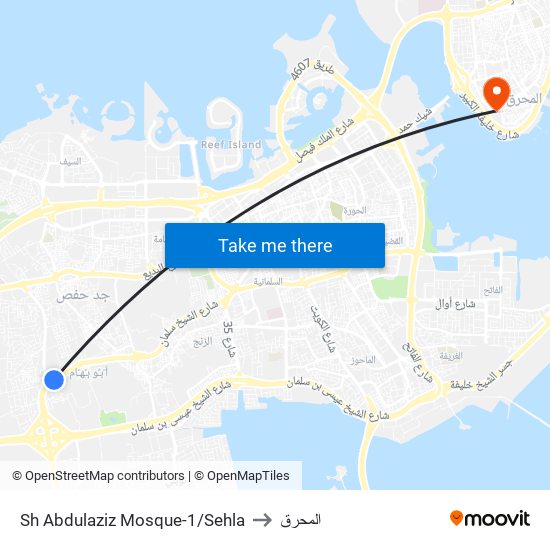 Sh Abdulaziz Mosque-1/Sehla to المحرق map