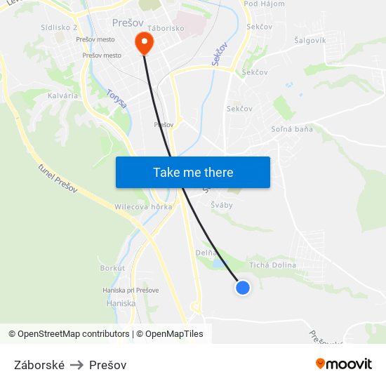 Záborské to Prešov map