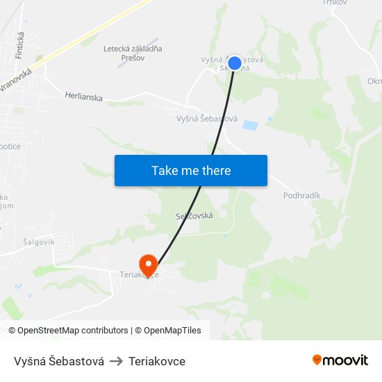 Vyšná Šebastová to Teriakovce map