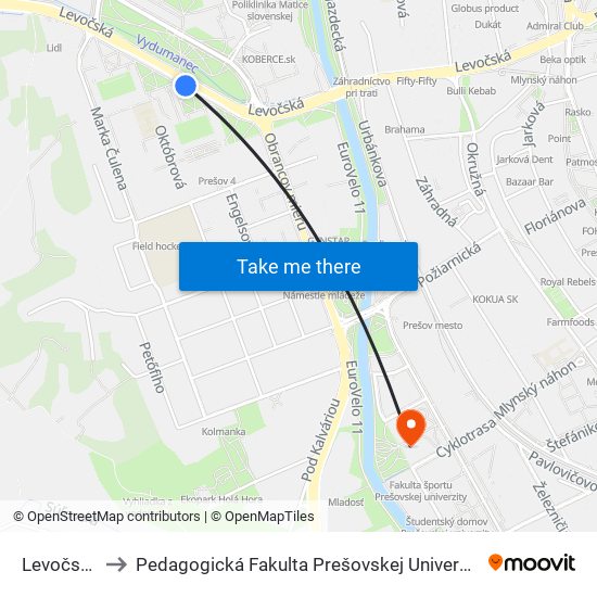 Levočská to Pedagogická Fakulta Prešovskej Univerzity map