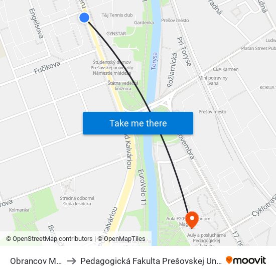 Obrancov Mieru to Pedagogická Fakulta Prešovskej Univerzity map