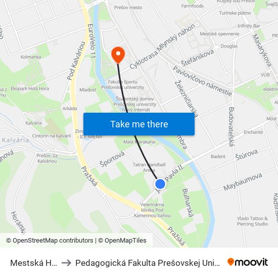 Mestská Hala to Pedagogická Fakulta Prešovskej Univerzity map