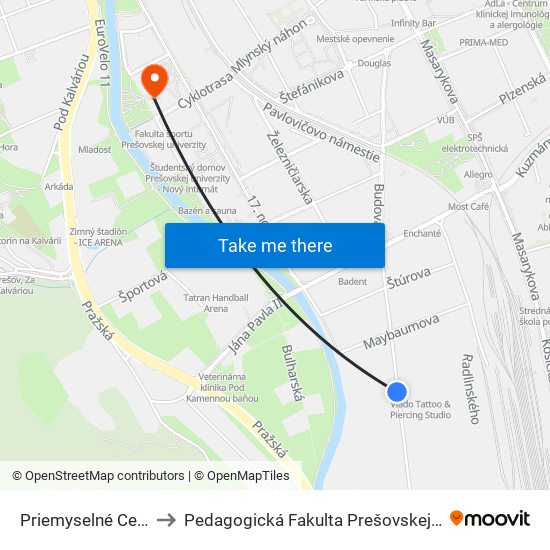 Priemyselné Centrum to Pedagogická Fakulta Prešovskej Univerzity map