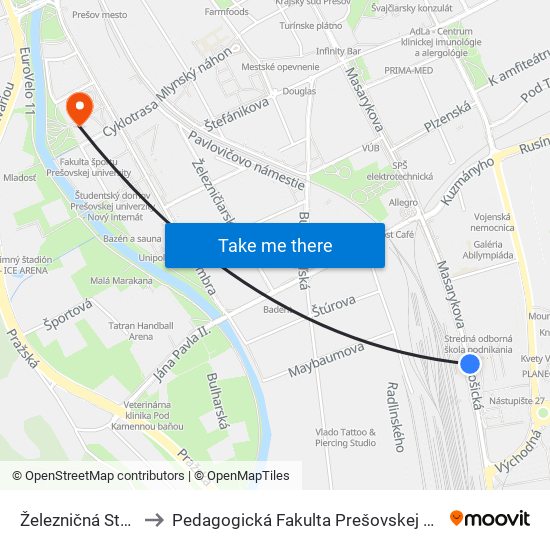 Železničná Stanica to Pedagogická Fakulta Prešovskej Univerzity map