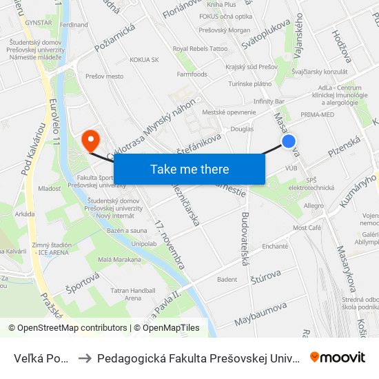 Veľká Pošta to Pedagogická Fakulta Prešovskej Univerzity map