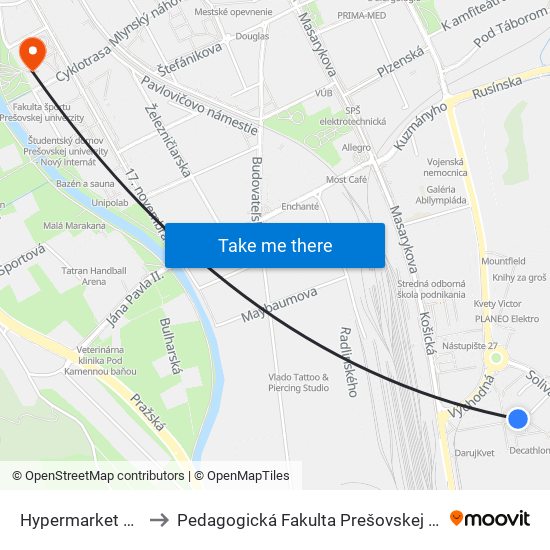 Hypermarket  Tesco to Pedagogická Fakulta Prešovskej Univerzity map