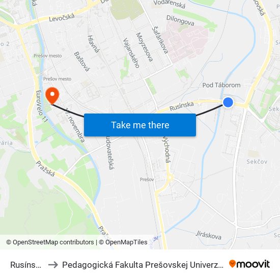 Rusínska to Pedagogická Fakulta Prešovskej Univerzity map