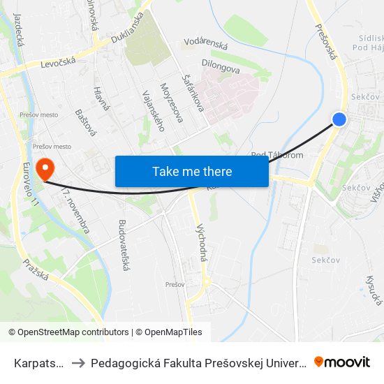 Karpatská to Pedagogická Fakulta Prešovskej Univerzity map