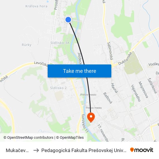 Mukačevská to Pedagogická Fakulta Prešovskej Univerzity map
