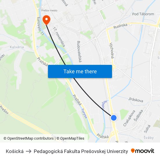 Košická to Pedagogická Fakulta Prešovskej Univerzity map