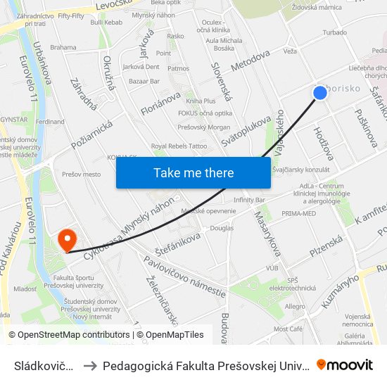 Sládkovičova to Pedagogická Fakulta Prešovskej Univerzity map