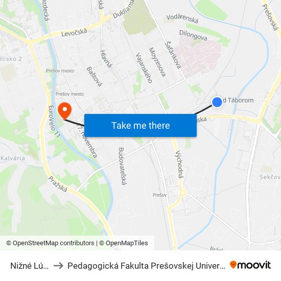 Nižné Lúky to Pedagogická Fakulta Prešovskej Univerzity map