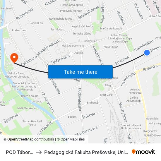POD Táborom to Pedagogická Fakulta Prešovskej Univerzity map