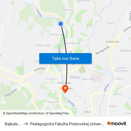 Bajkalská to Pedagogická Fakulta Prešovskej Univerzity map