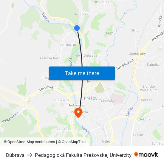 Dúbrava to Pedagogická Fakulta Prešovskej Univerzity map