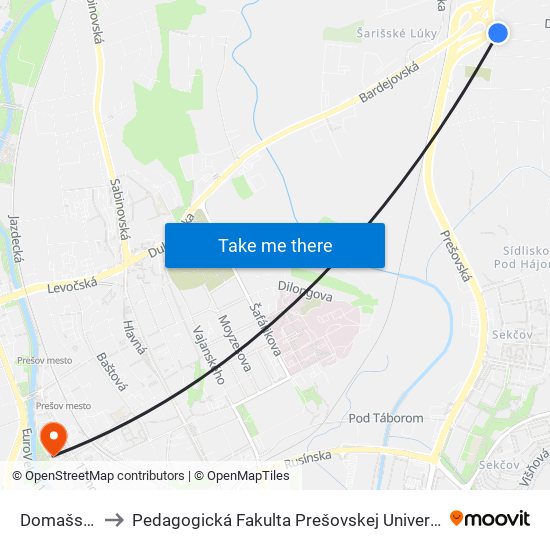 Domašská to Pedagogická Fakulta Prešovskej Univerzity map