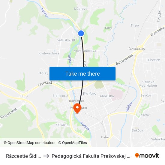 Rázcestie Šidlovec to Pedagogická Fakulta Prešovskej Univerzity map