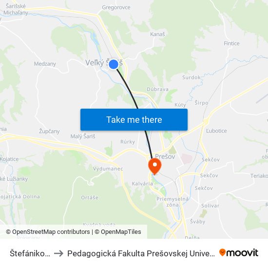 Štefánikova to Pedagogická Fakulta Prešovskej Univerzity map