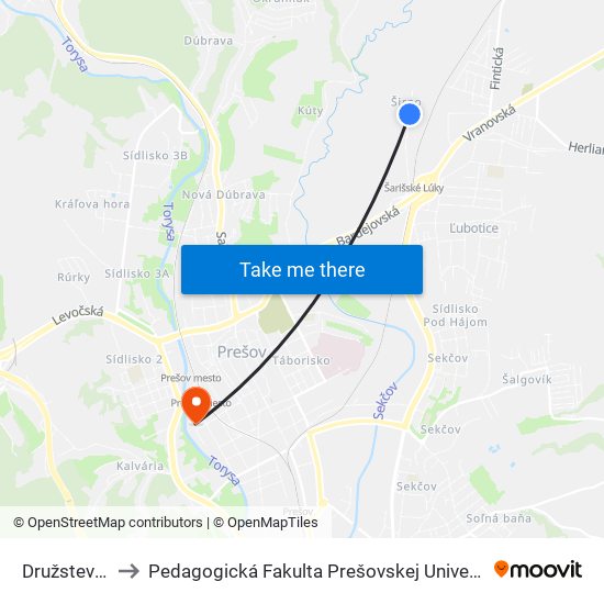 Družstevná to Pedagogická Fakulta Prešovskej Univerzity map