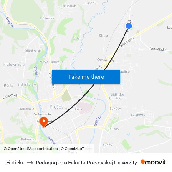 Fintická to Pedagogická Fakulta Prešovskej Univerzity map