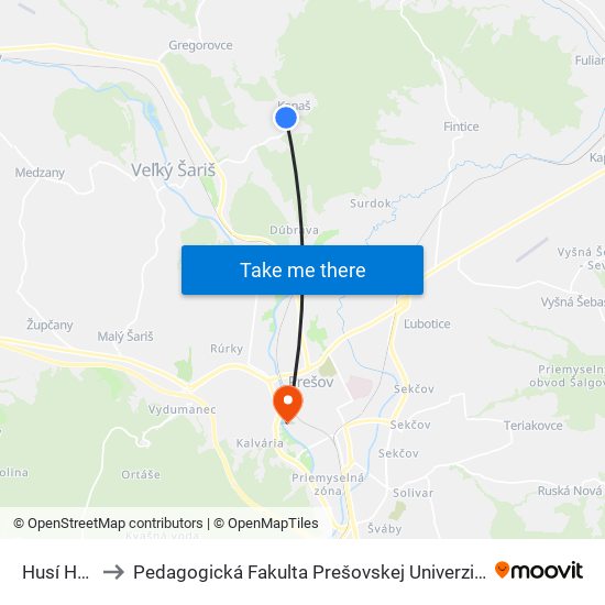 Husí Hrb to Pedagogická Fakulta Prešovskej Univerzity map