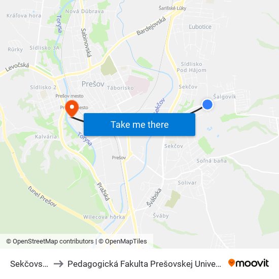 Sekčovská to Pedagogická Fakulta Prešovskej Univerzity map