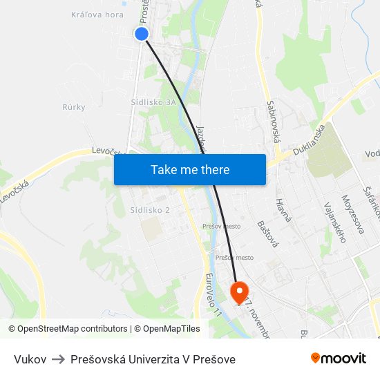 Vukov to Prešovská Univerzita V Prešove map