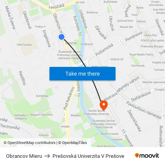 Obrancov Mieru to Prešovská Univerzita V Prešove map