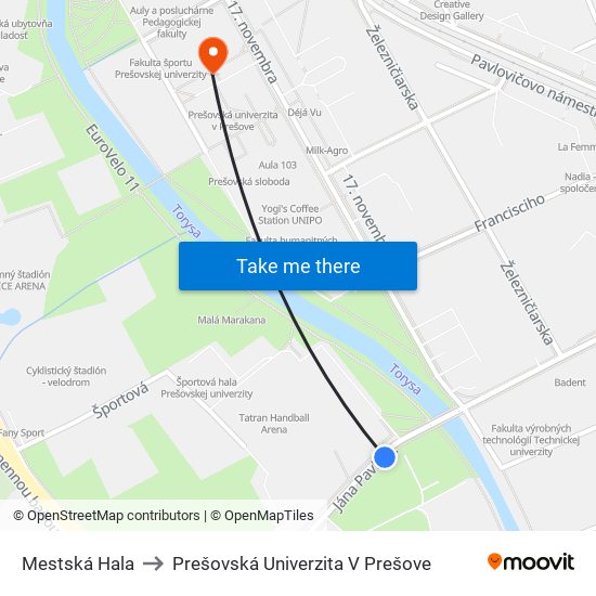 Mestská Hala to Prešovská Univerzita V Prešove map