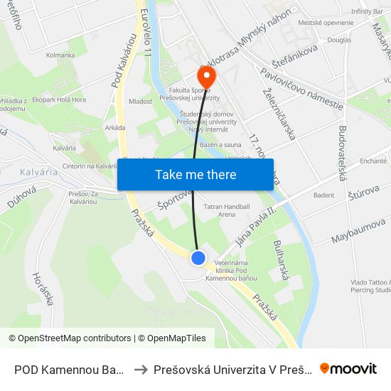 POD Kamennou Baňou to Prešovská Univerzita V Prešove map