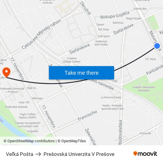 Veľká Pošta to Prešovská Univerzita V Prešove map