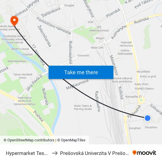 Hypermarket  Tesco to Prešovská Univerzita V Prešove map