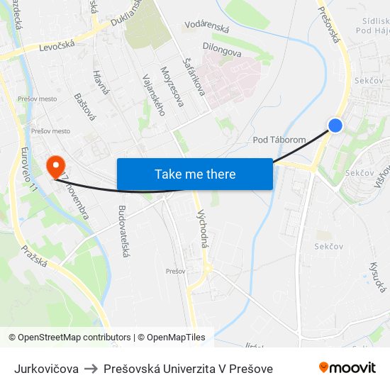 Jurkovičova to Prešovská Univerzita V Prešove map