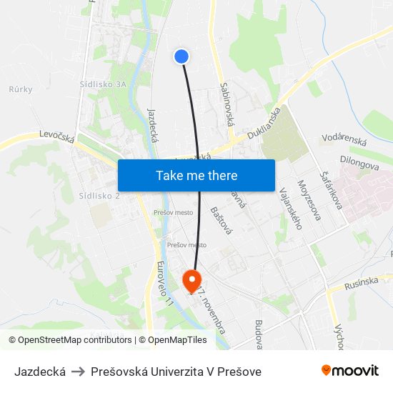 Jazdecká to Prešovská Univerzita V Prešove map