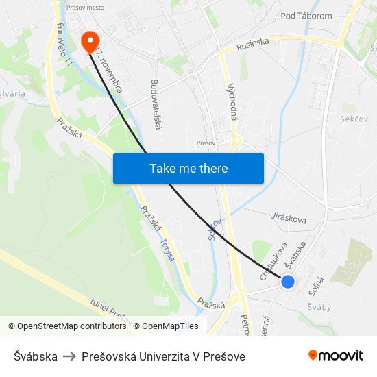 Švábska to Prešovská Univerzita V Prešove map