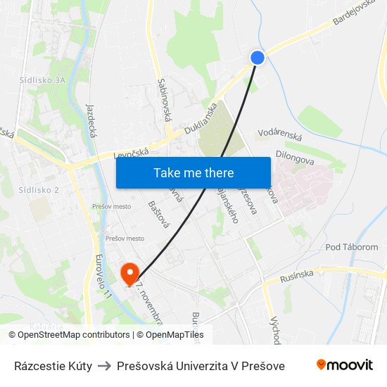 Rázcestie Kúty to Prešovská Univerzita V Prešove map