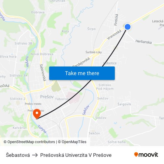 Šebastová to Prešovská Univerzita V Prešove map