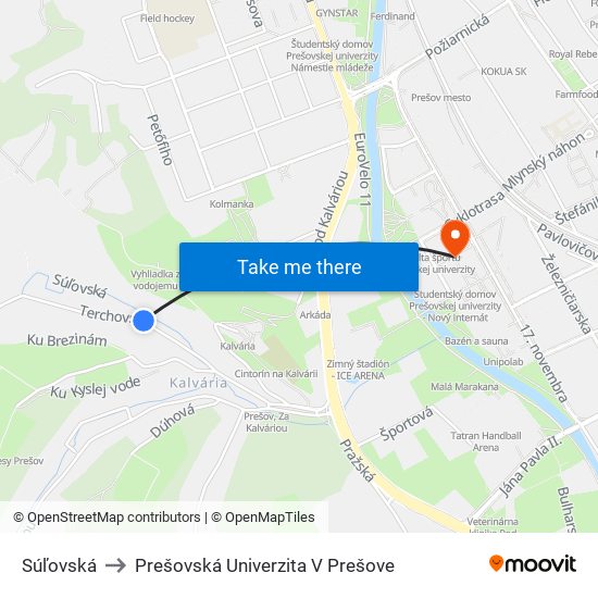 Súľovská to Prešovská Univerzita V Prešove map