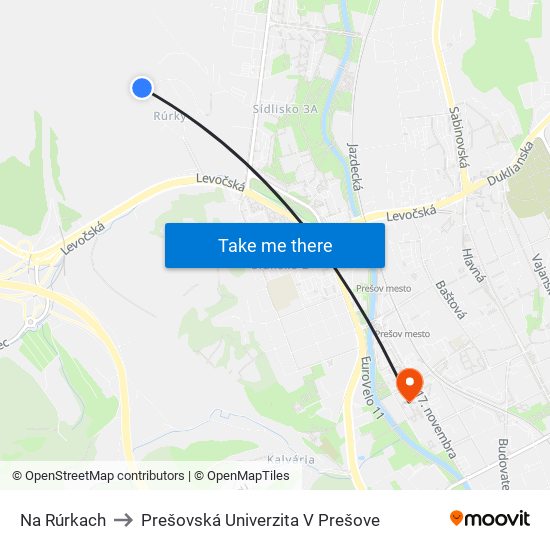 Na Rúrkach to Prešovská Univerzita V Prešove map