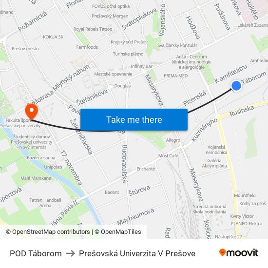 POD Táborom to Prešovská Univerzita V Prešove map